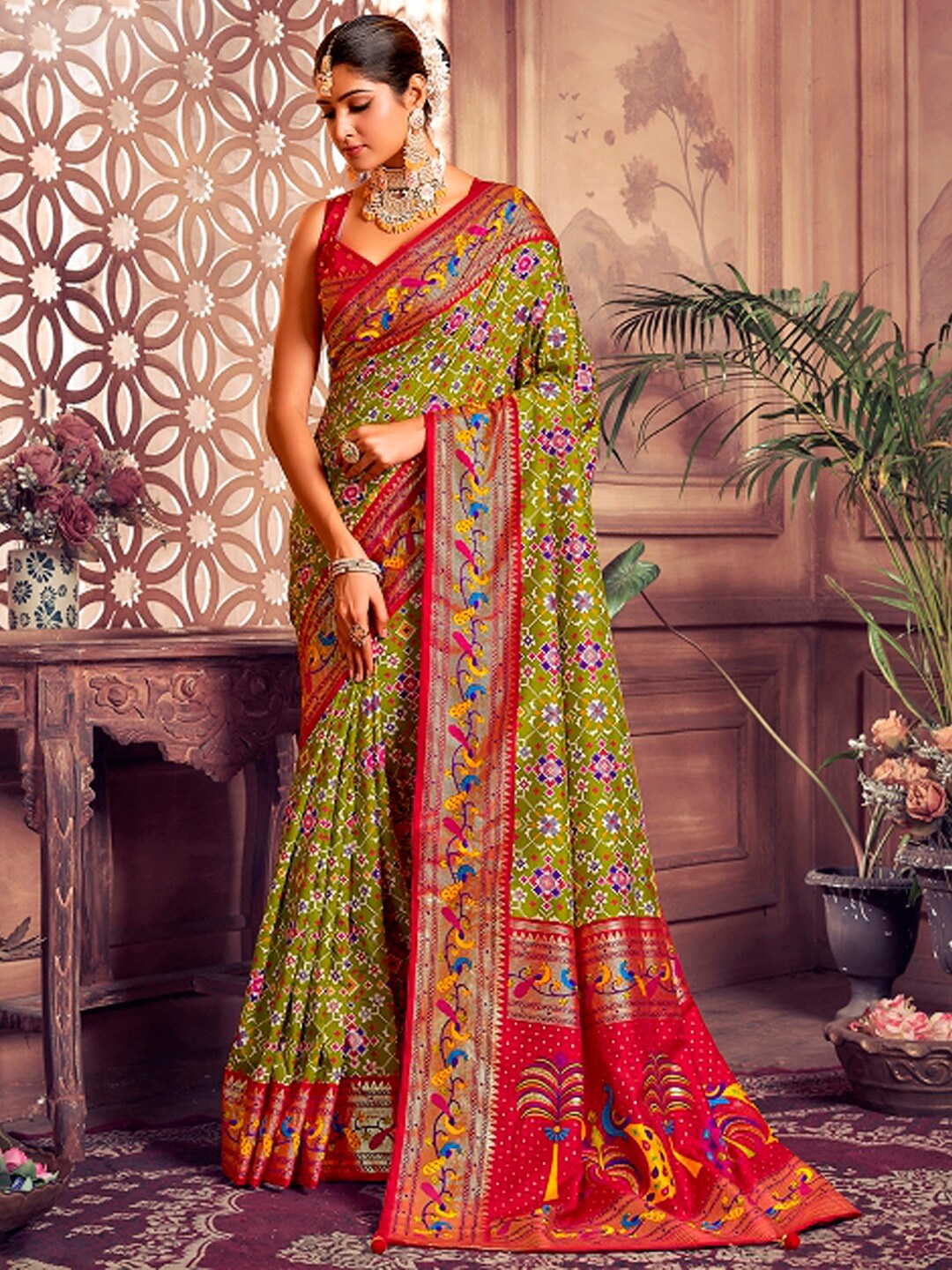 

Mitera Olive Green & Red Ethnic Motifs Printed Zari Patola Saree