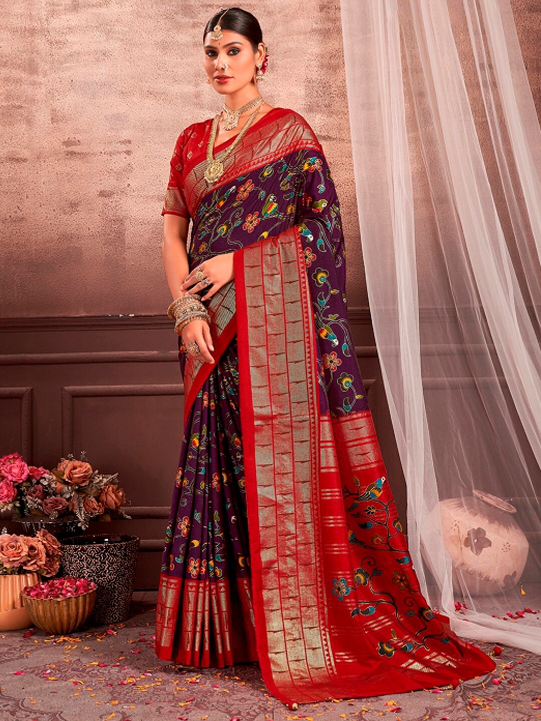 

Mitera Purple Ethnic Motifs Silk Blend Designer Banarasi Saree