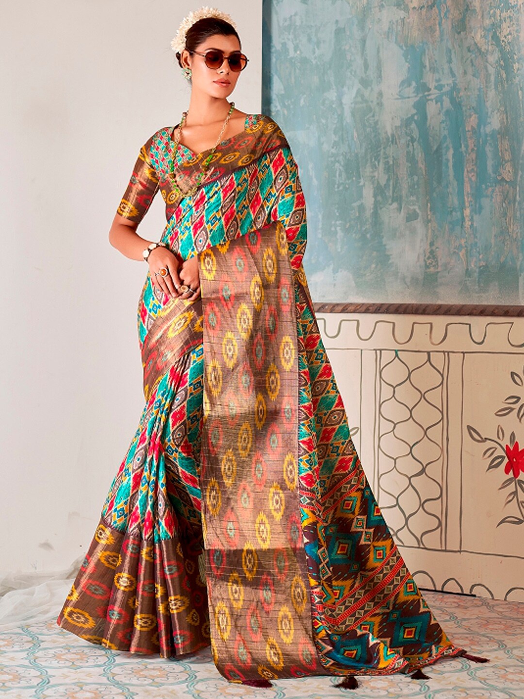 

Mitera Blue Ethnic Motifs Silk Blend Designer Sungudi Saree