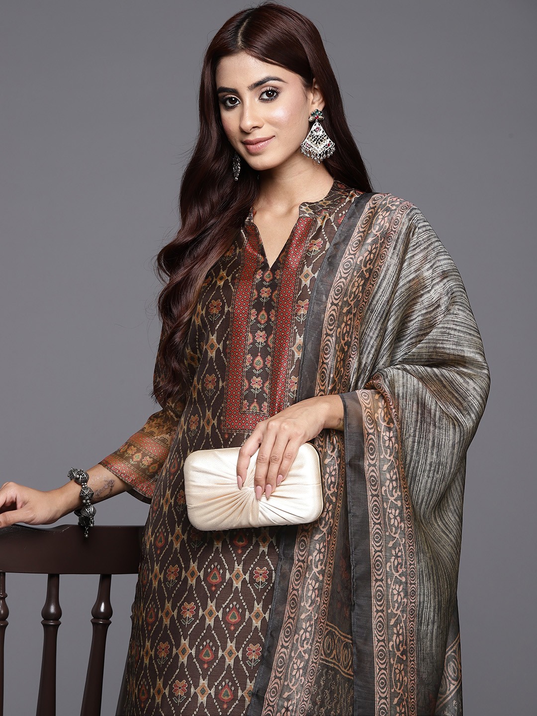 

Varanga Women Ethnic Motifs Printed Regular Chanderi Silk Kurta with Trousers & Dupatta, Brown