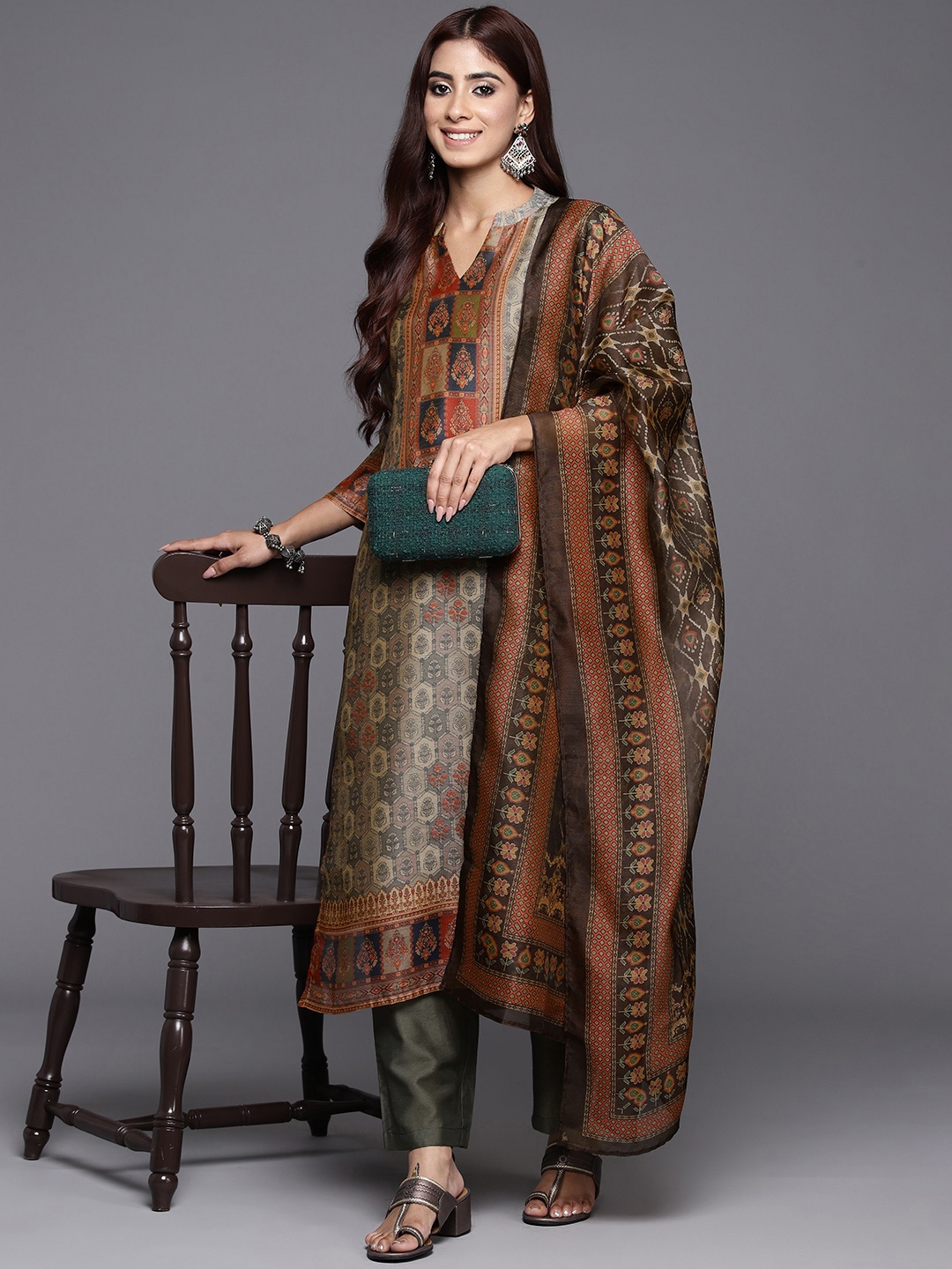 

Varanga Women Ethnic Motifs Printed Chanderi Silk Kurta with Trousers & With Dupatta, Olive