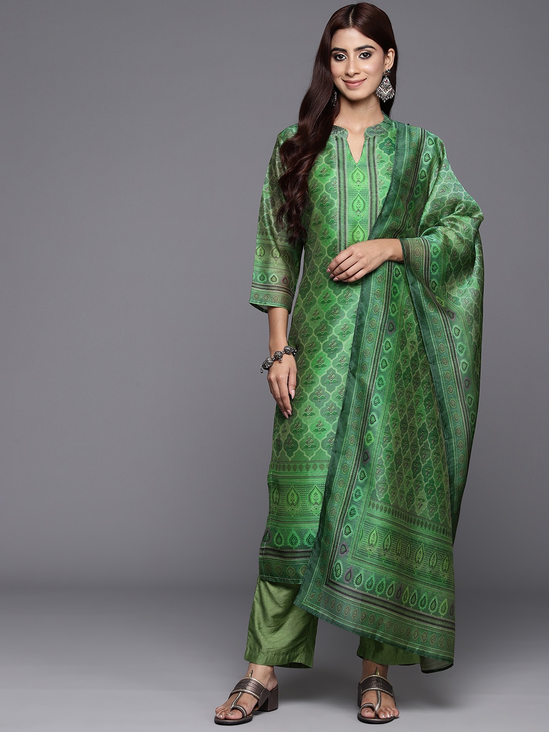 

Varanga Women Ethnic Motifs Printed Chanderi Silk Kurta with Trousers & With Dupatta, Green