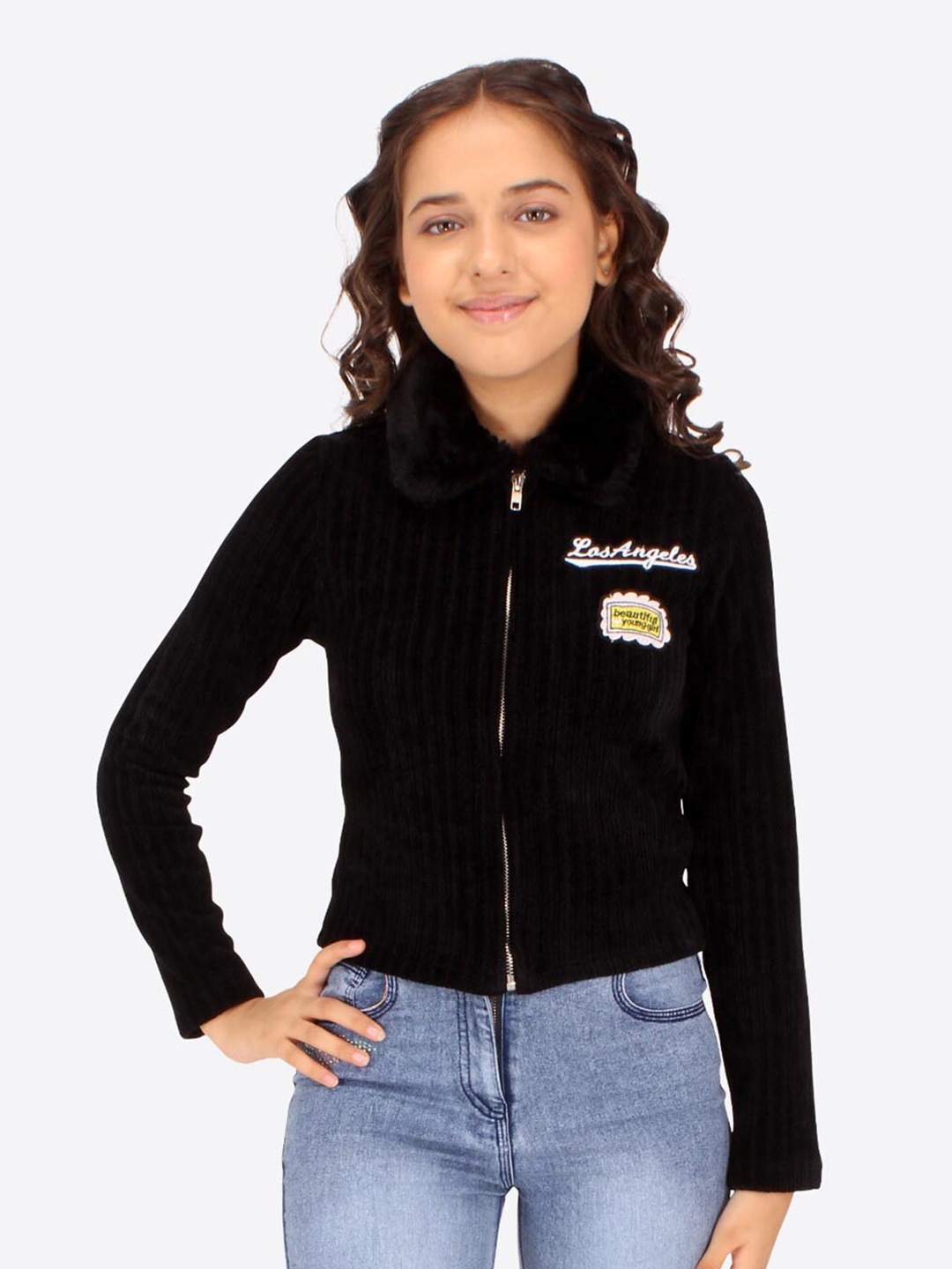 

CUTECUMBER Girls Applique Detail Front-Open Sweatshirt, Black