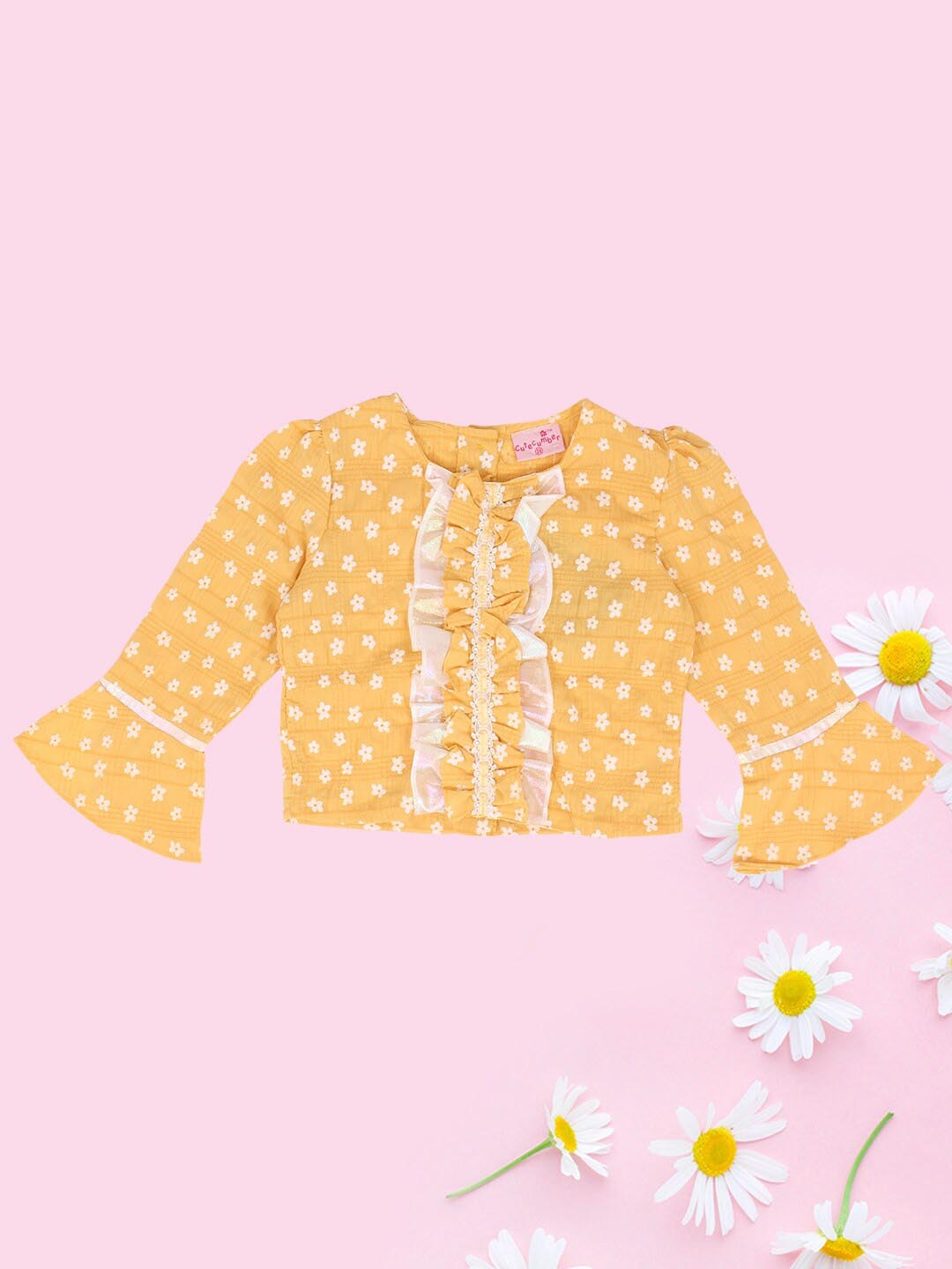 

CUTECUMBER Infant Girls Floral Print Bell Sleeves Ruffled Top, Yellow