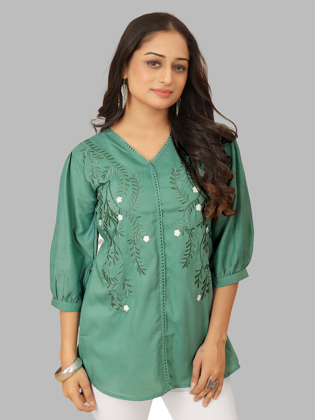 

PEACH PIPER Floral Embroidered Cotton Tunic, Green