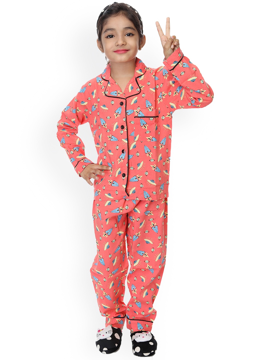 

BAESD Girls Conversational Printed Pure Cotton Night suit, Peach