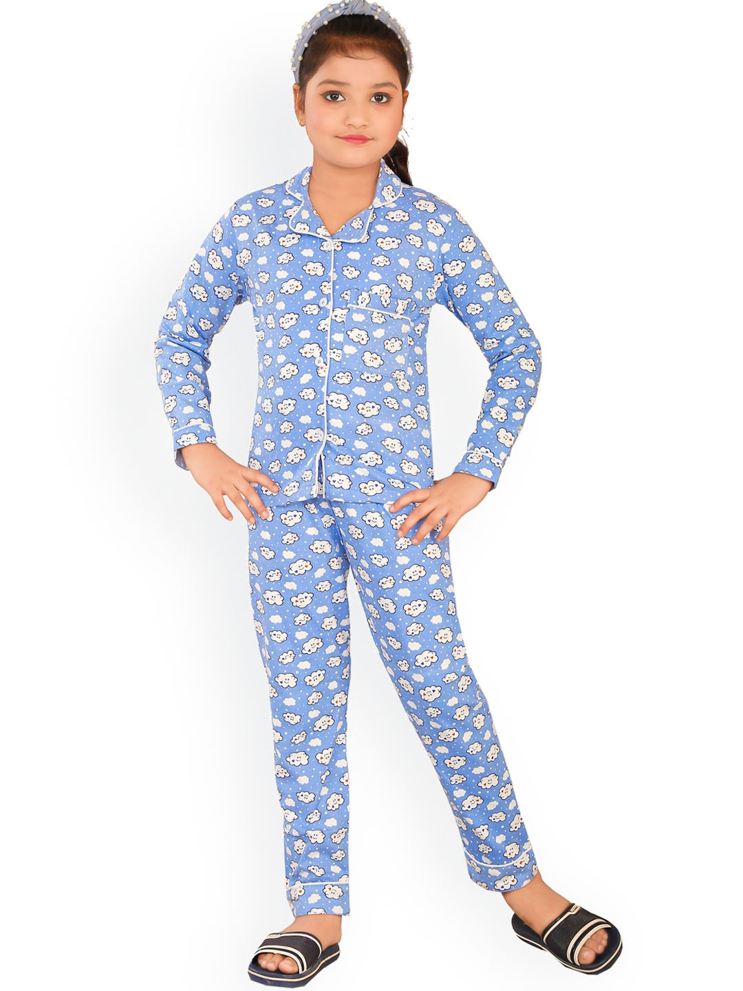 

BAESD Girls Conversational Printed Pure Cotton Shirt With Pyjama, Blue