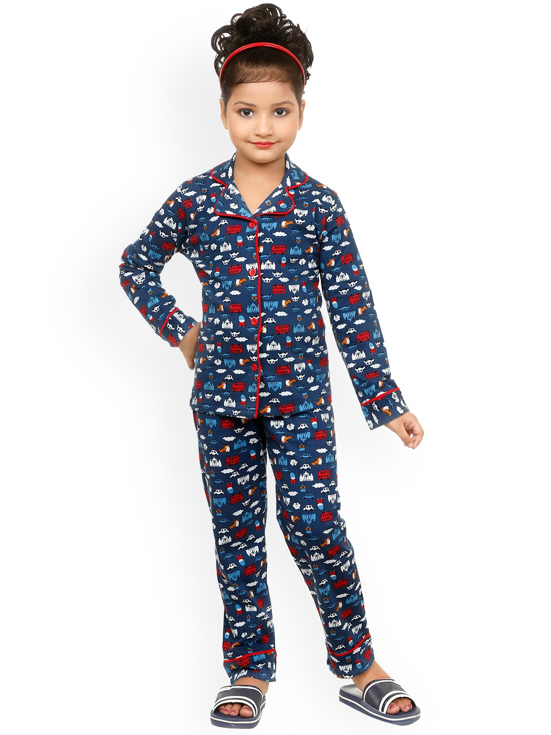 

BAESD Girls Conversational Printed Pure Cotton Night suit, Navy blue