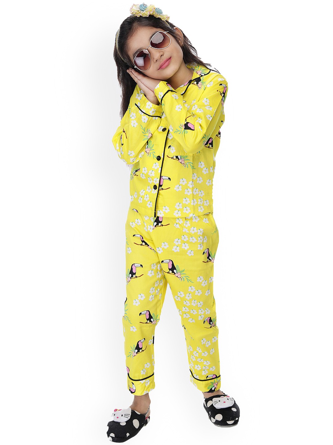 

BAESD Girls Conversational Printed Pure Cotton Night suit, Yellow