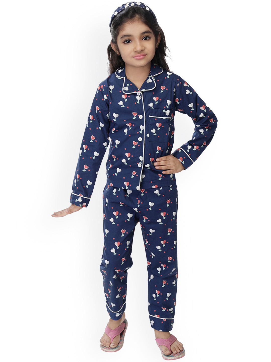 

BAESD Girls Conversational Printed Pure Cotton Night suit, Navy blue
