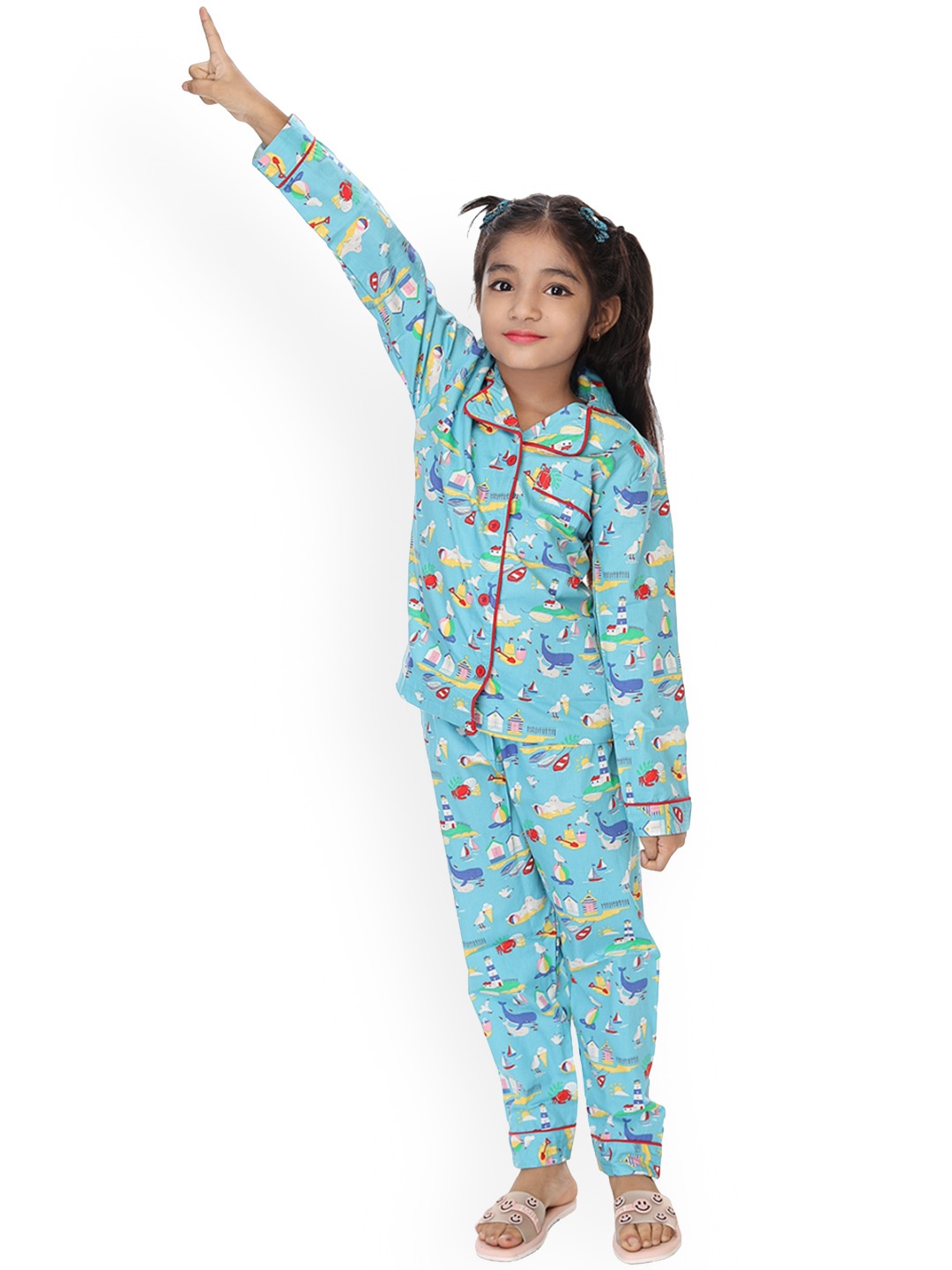 

BAESD Girls Conversational Printed Pure Cotton Night suit, Blue
