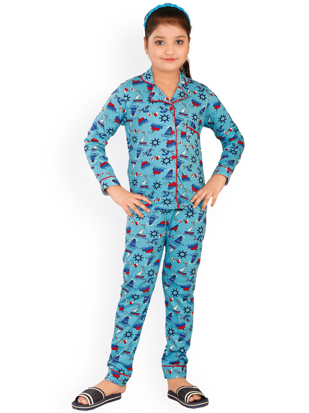 

BAESD Girls Conversational Printed Pure Cotton Shirt With Pyjama, Blue
