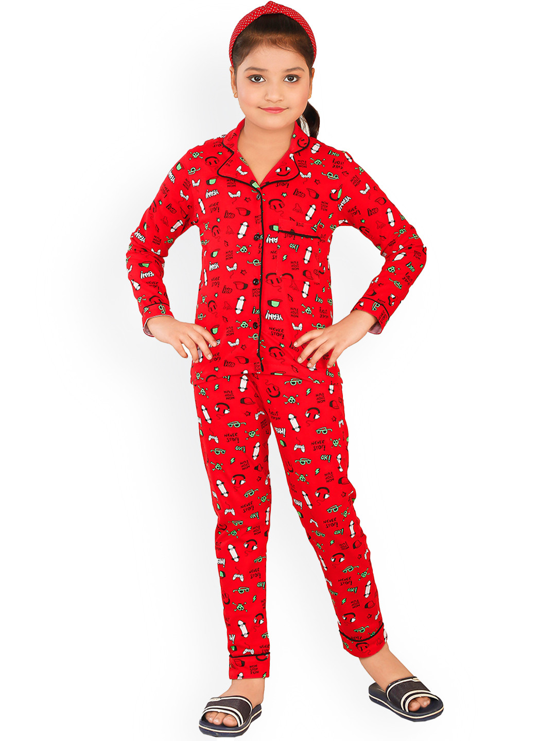 

BAESD Girls Conversational Printed Pure Cotton Night suit, Red