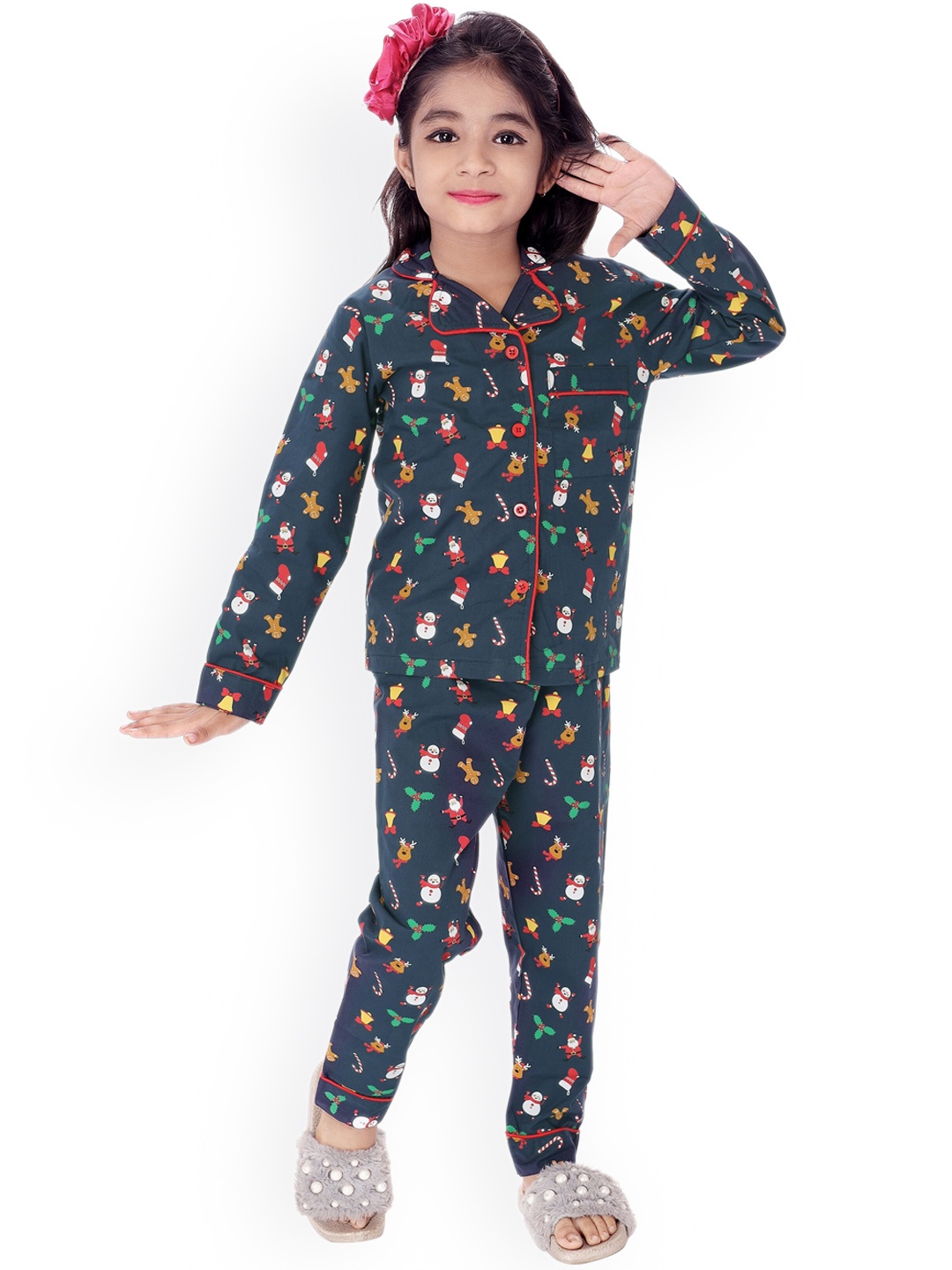 

BAESD Girls Conversational Printed Pure Cotton Night suit, Navy blue