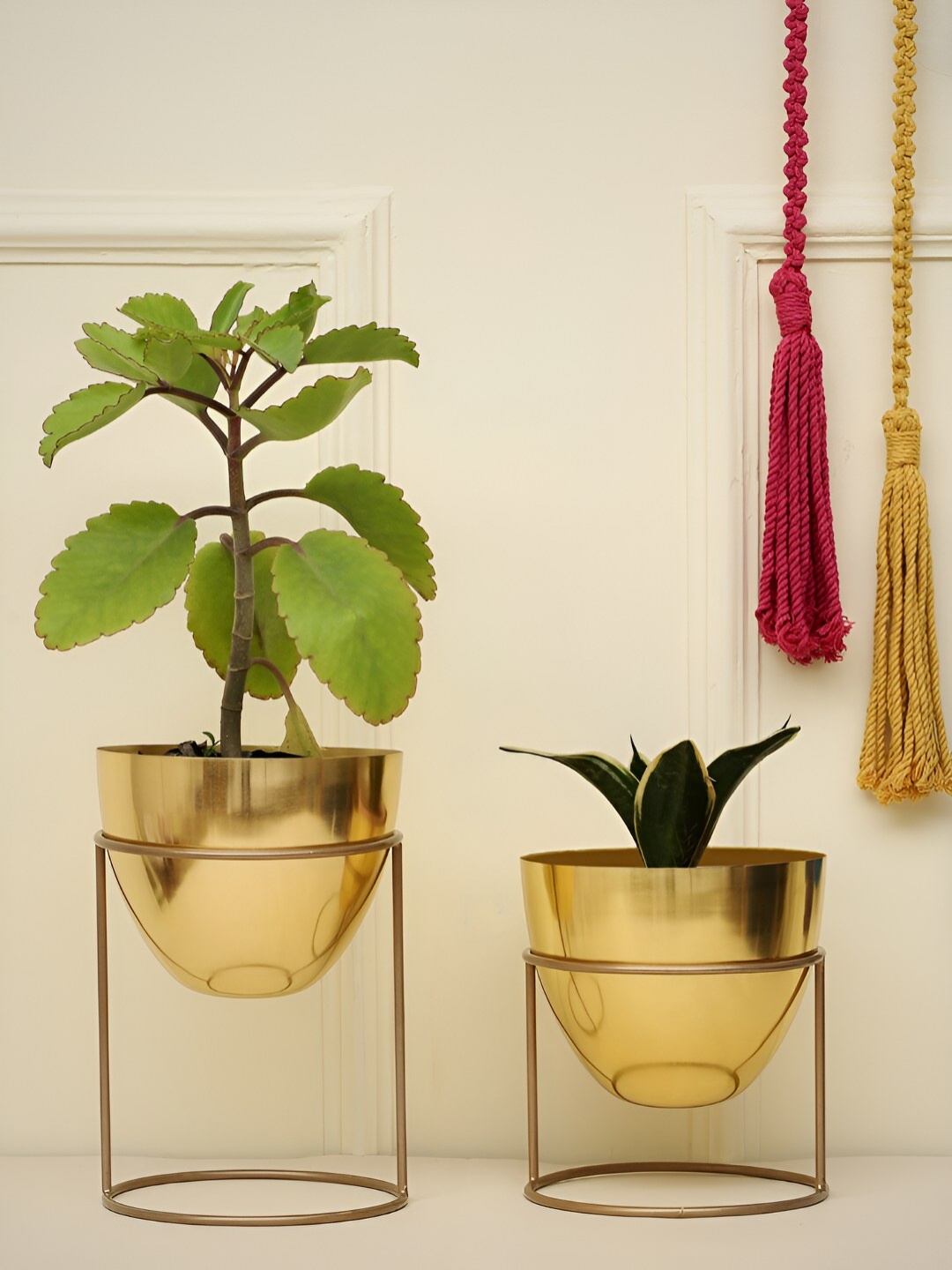 

HomeShastra Oval Metal Gold 2 Pieces Planters With Stand
