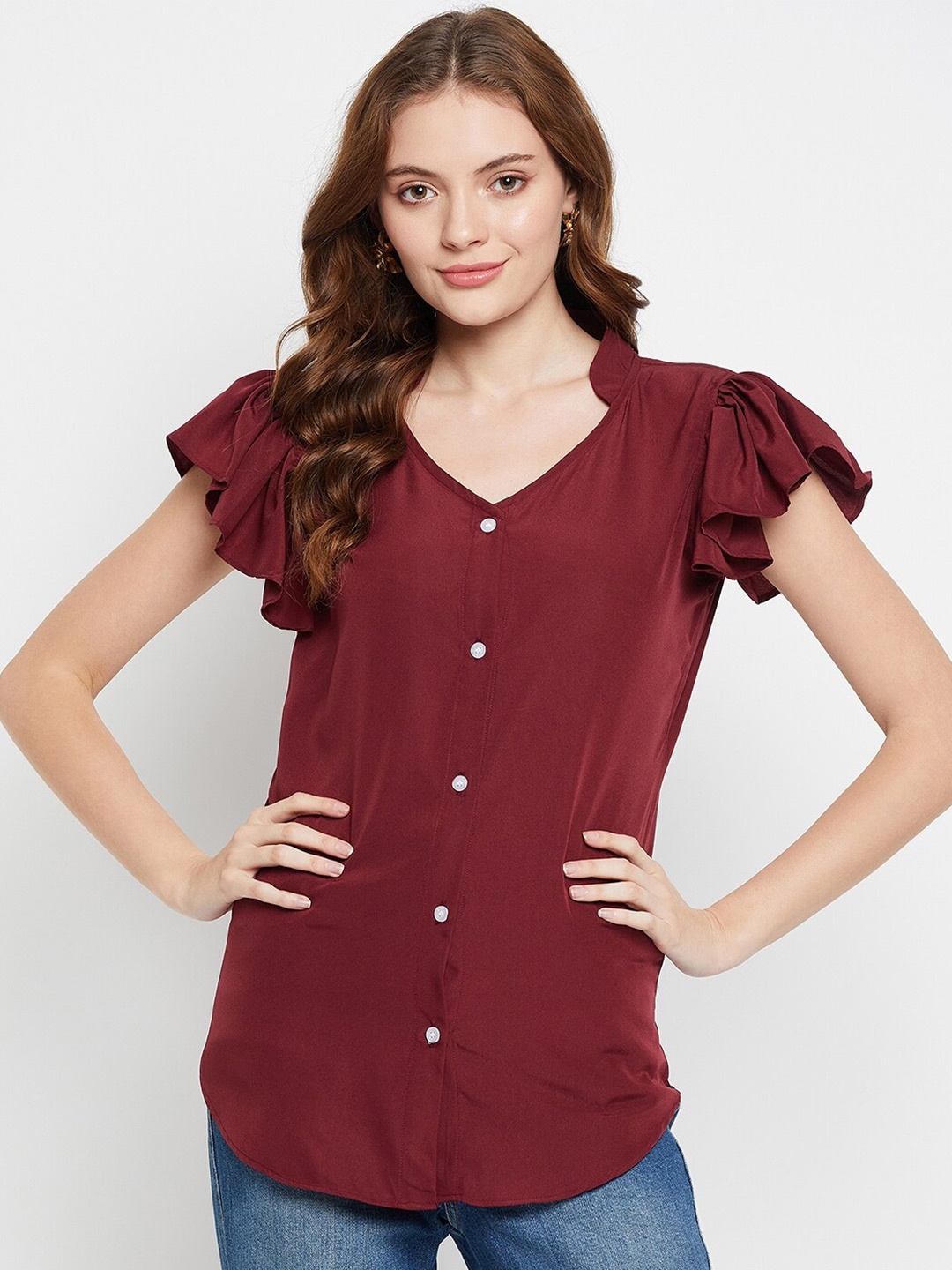 

NABIA Mandarin Collar Ruffles Top, Maroon