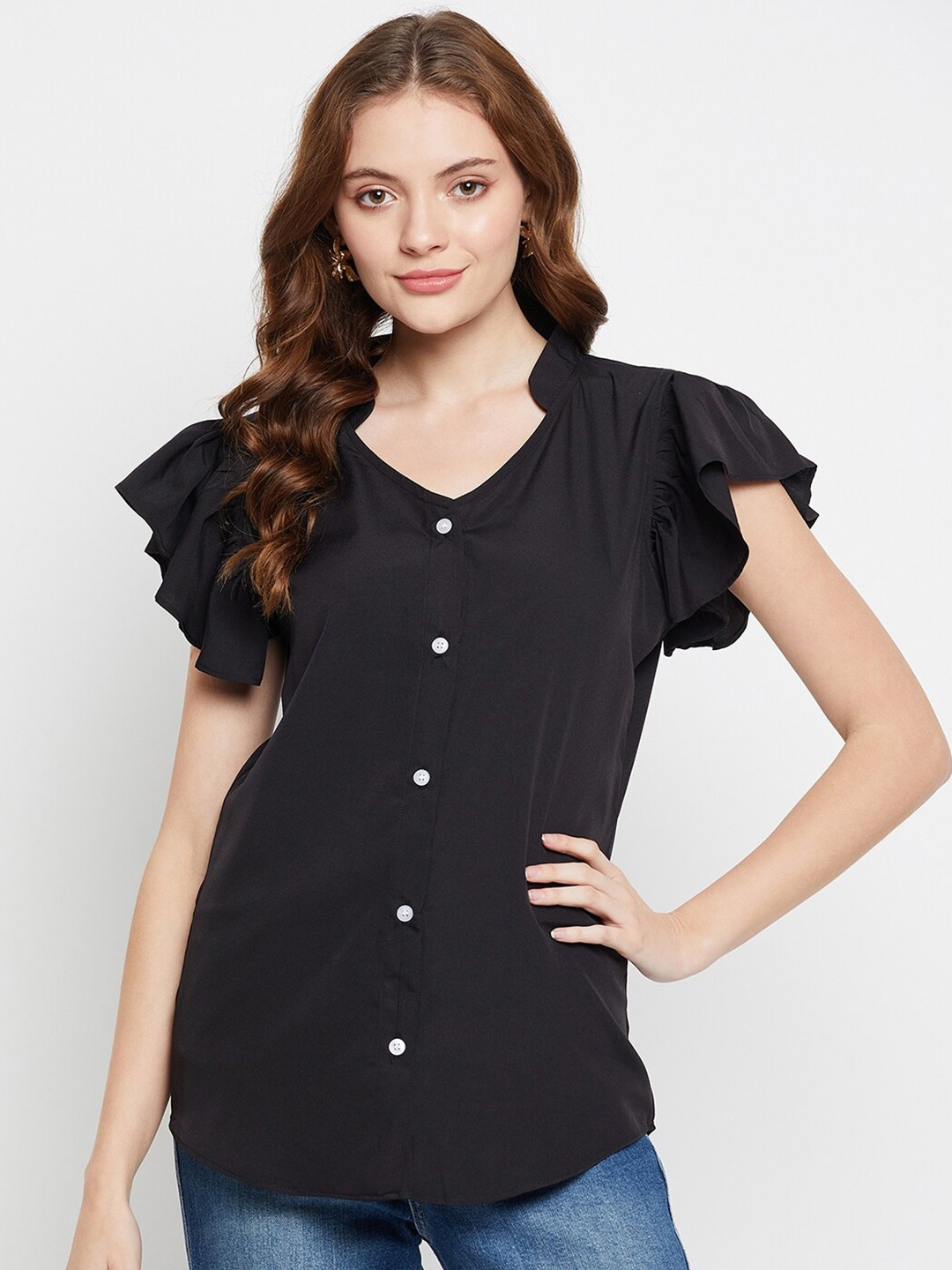 

NABIA Mandarin Collar Ruffles Top, Black