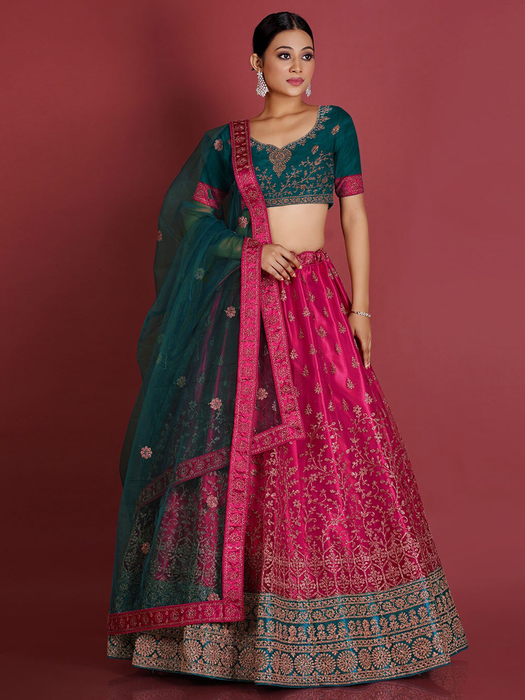 

HALFSAREE STUDIO Embroidered Semi-Stitched Lehenga & Unstitched Blouse With Dupatta, Pink
