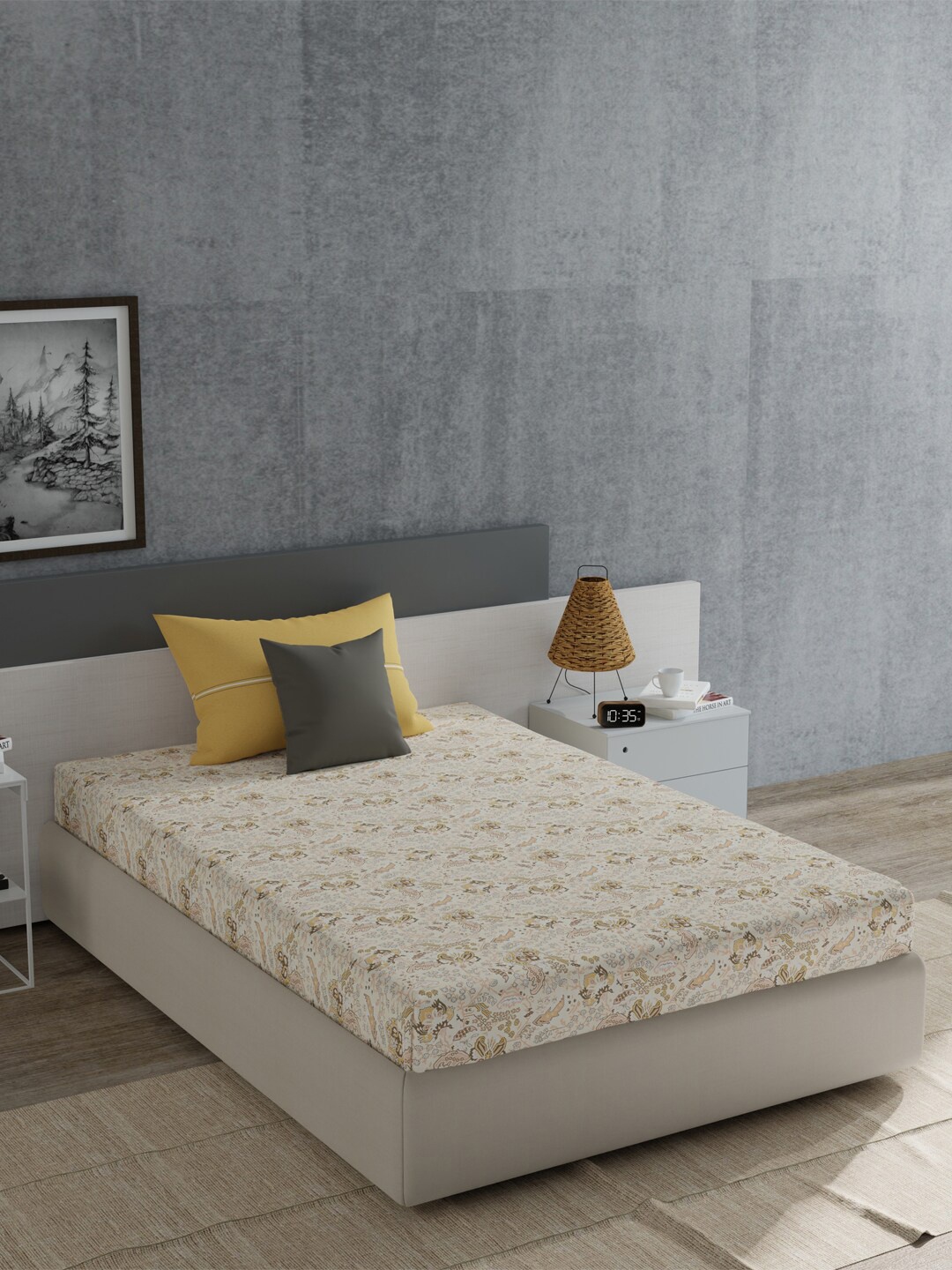 

MYTRIDENT Yellow & Beige Floral Cotton 120 TC Single Bedsheet with 1 Pillow Cover