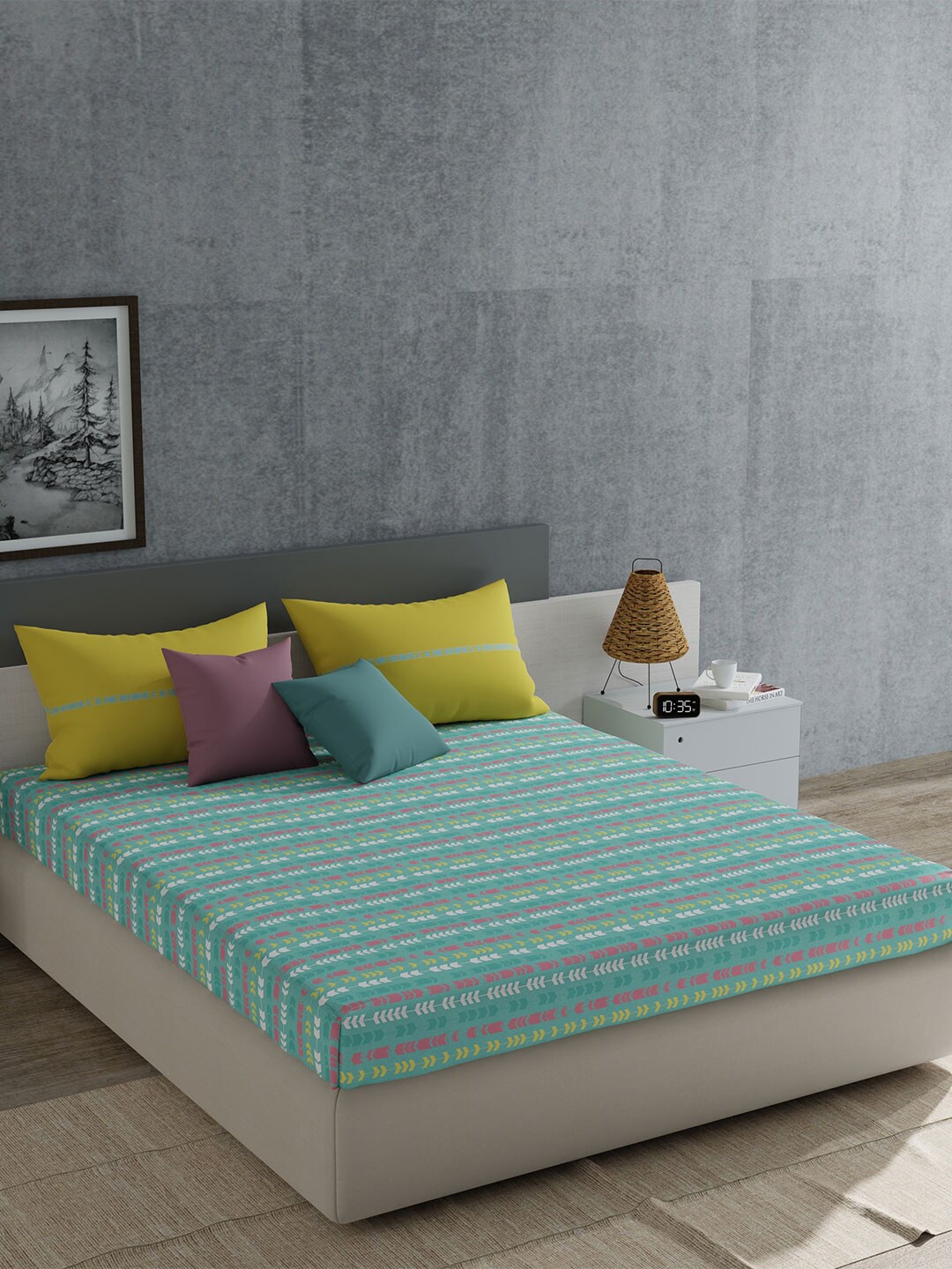 

MYTRIDENT Cross-Road Teal Everyday Flat 120TC Queen Cotton Bedsheet Set, Green