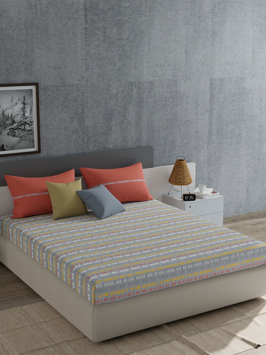 

MYTRIDENT Cross-Road Grey Everyday Flat 120TC King Cotton 1 Bedsheet with 2 Pillow Covers