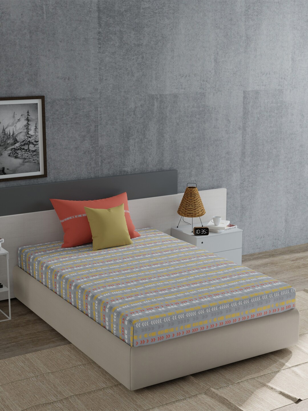

MYTRIDENT Grey & White Geometric Cotton 120 TC Single Bedsheet with 1 Pillow Cover