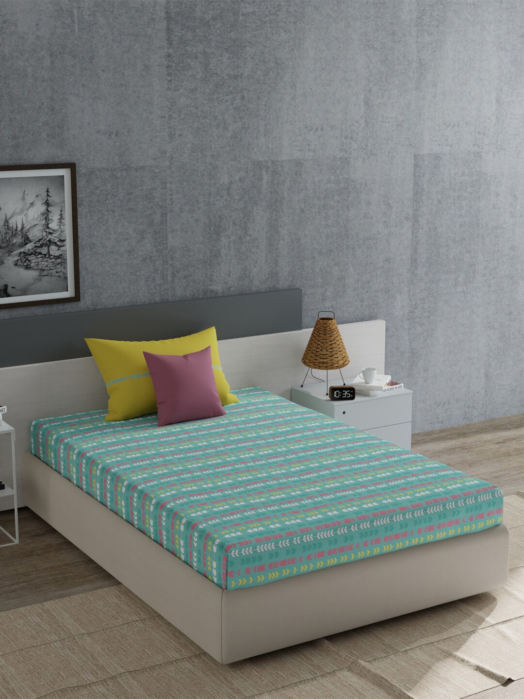 

MYTRIDENT Yellow & Green Geometric Cotton 120 TC Single Bedsheet with 1 Pillow Cover