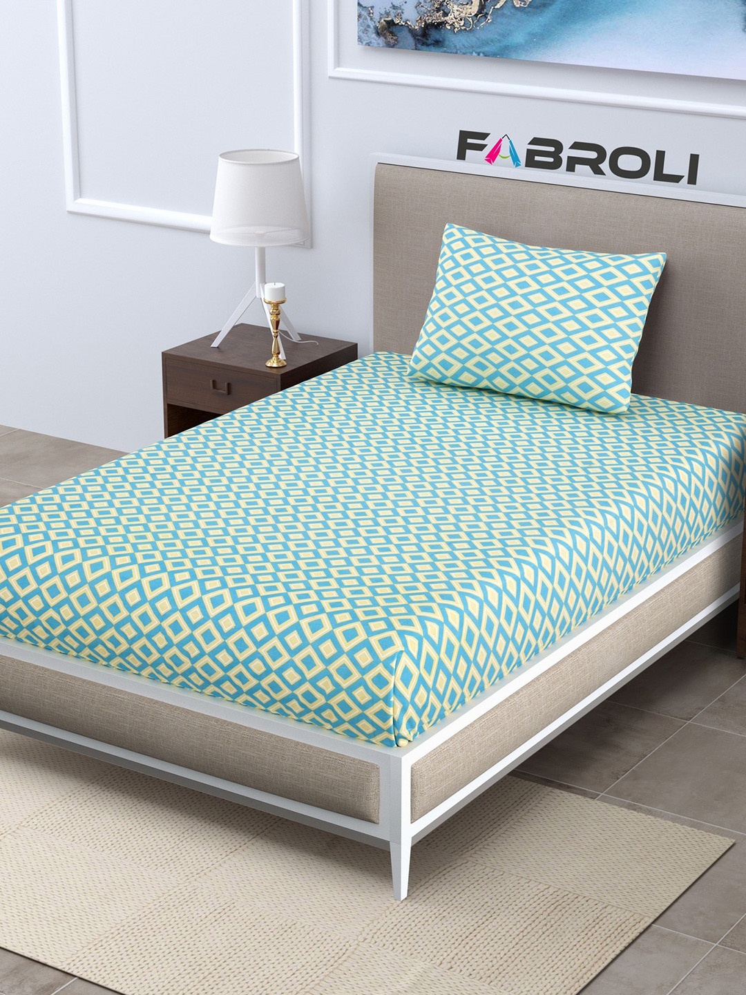 

FABROLI Blue Beige Geometric 300 TC Single Cotton Bedsheet With 1 Pillow Cover