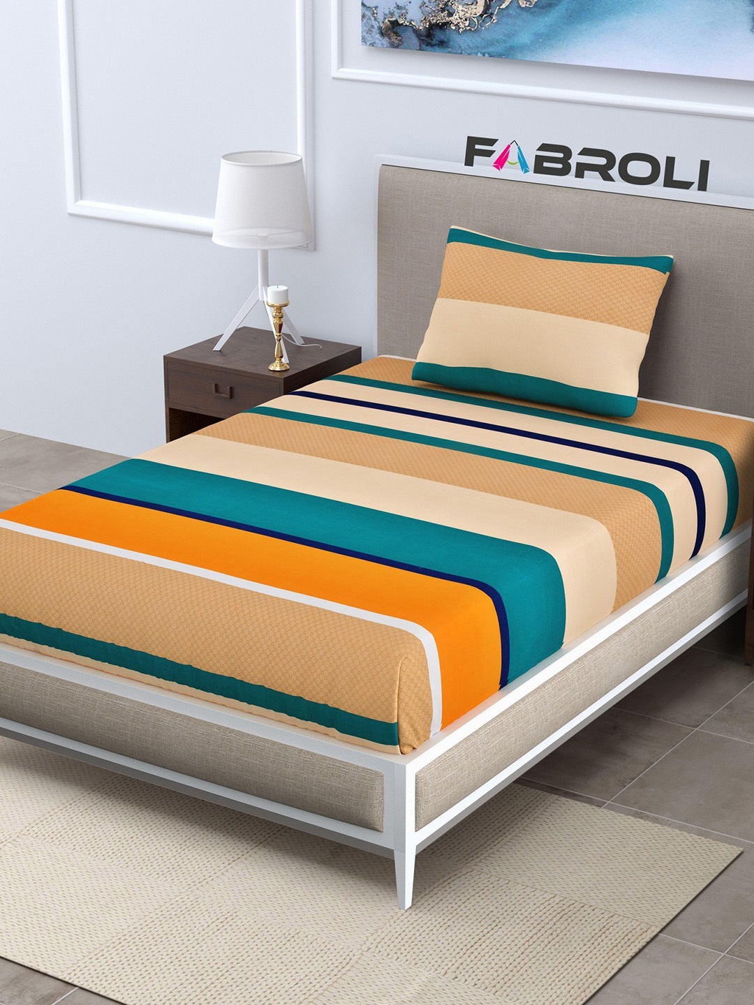 

FABROLI Cream Striped 300 TC Single Bedsheet with 1 Pillow Cover