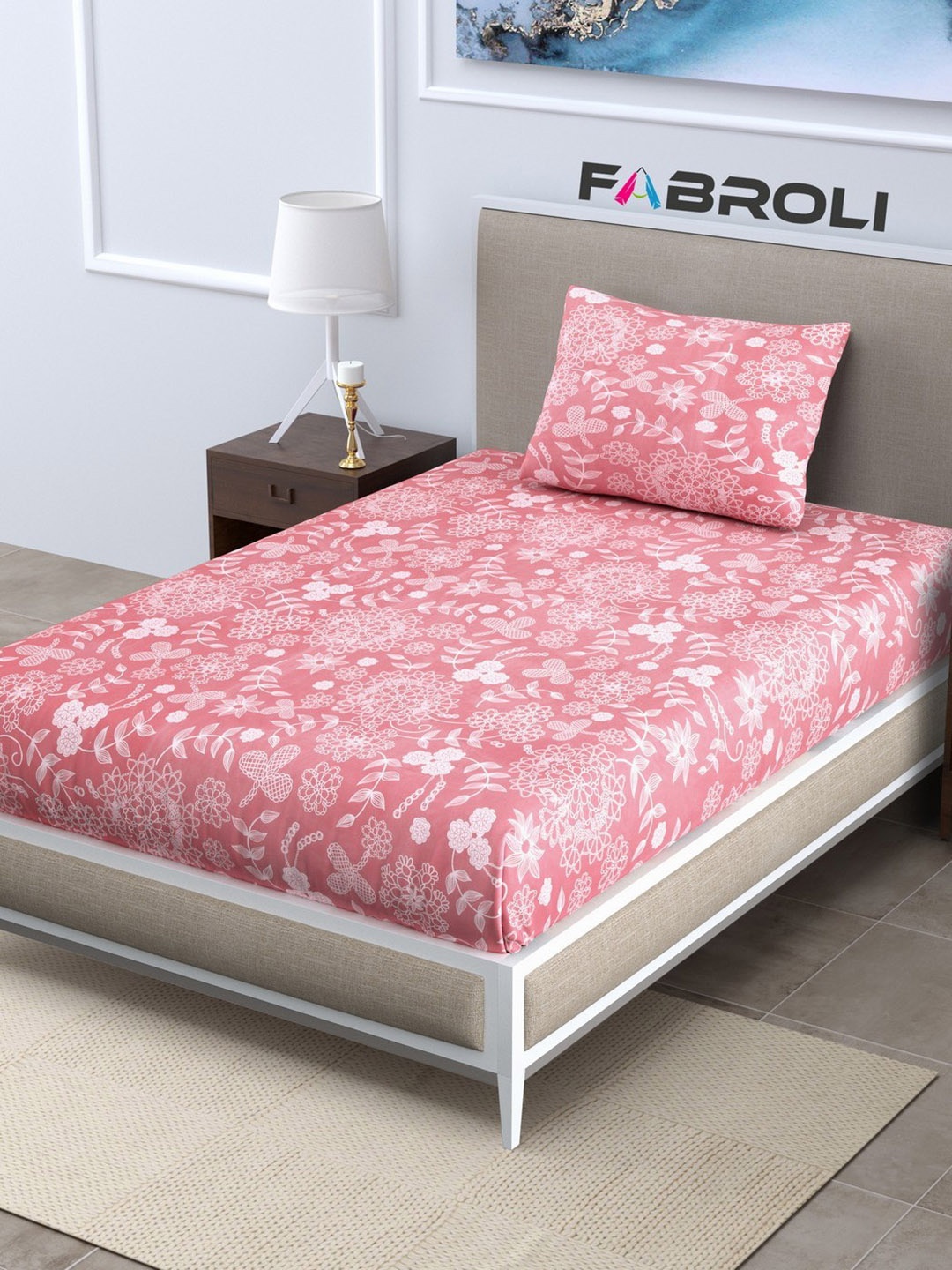 

FABROLI Floral Print 300 TC Single Bedsheet with 1 Pillow Cover, Pink