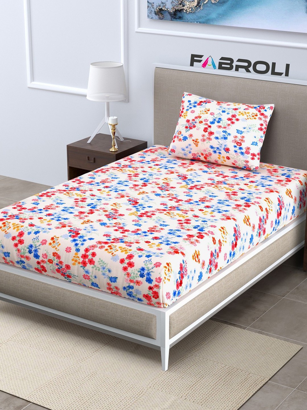 

FABROLI White Floral 300 TC Single Bedsheet with 1 Pillow Cover