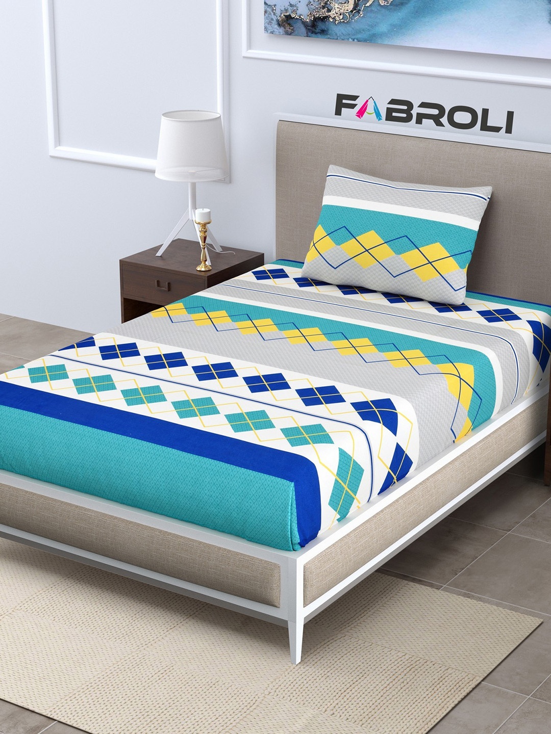 

FABROLI Geometric 300 TC Single Bedsheet With 1 Pillow Cover, Blue