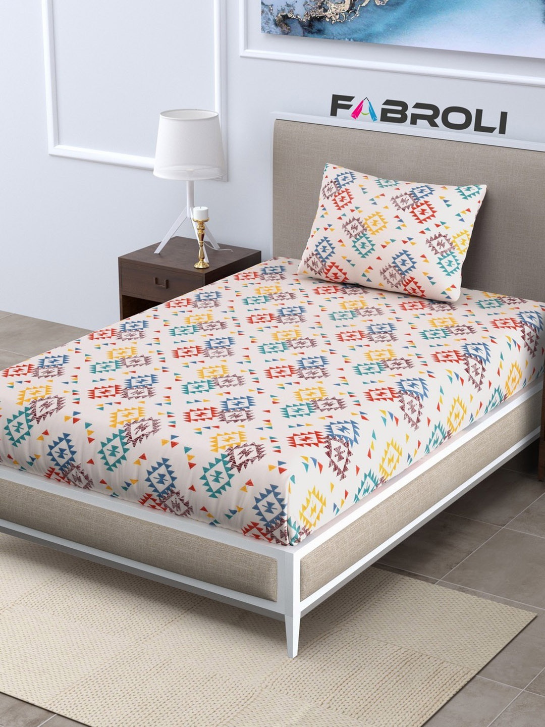 

FABROLI Beige Ethnic Motifs 300 TC Single Bedsheet with 1 Pillow Cover