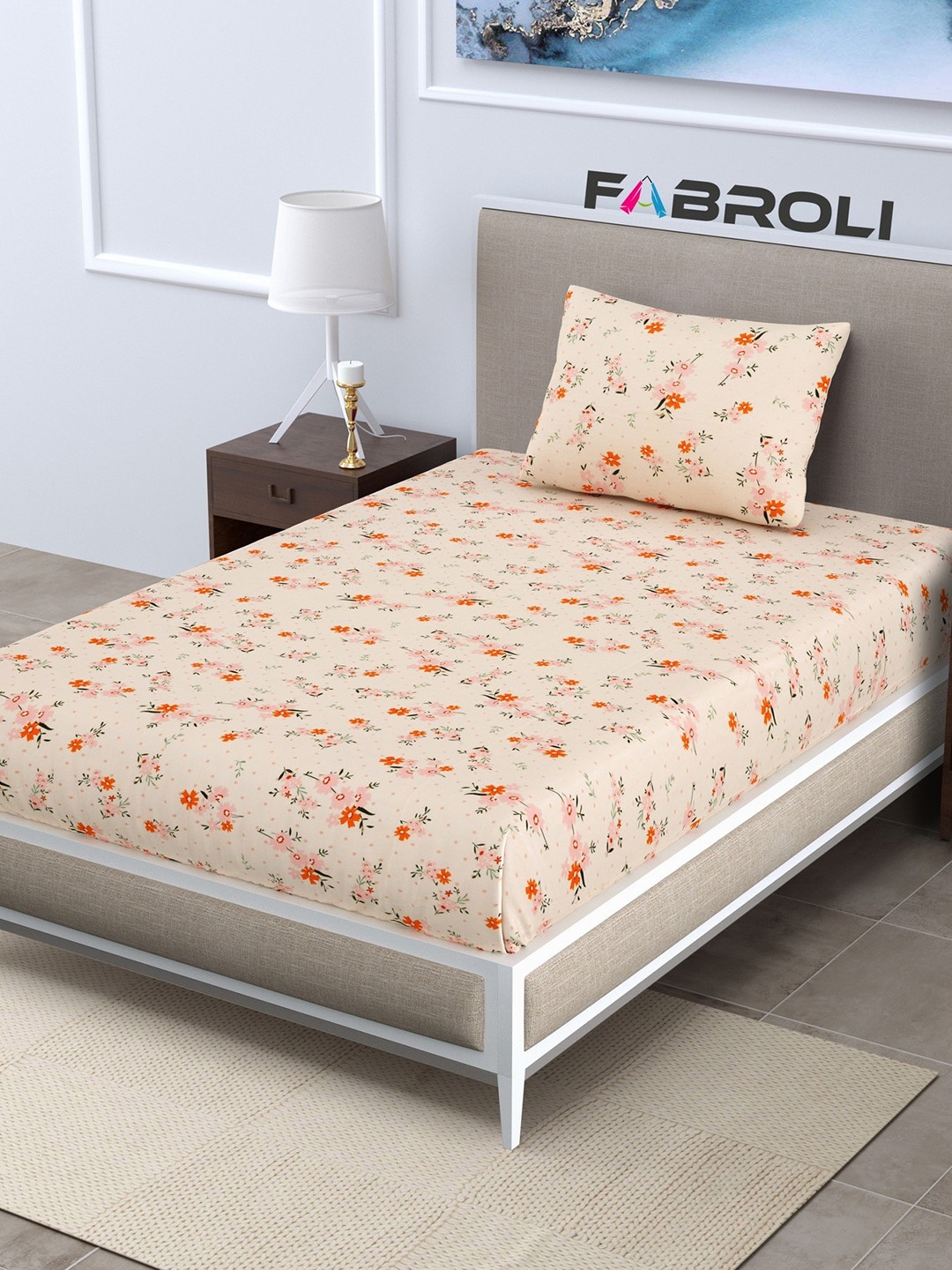 

FABROLI Beige Floral 300 TC Single Bedsheet with 1 Pillow Covers