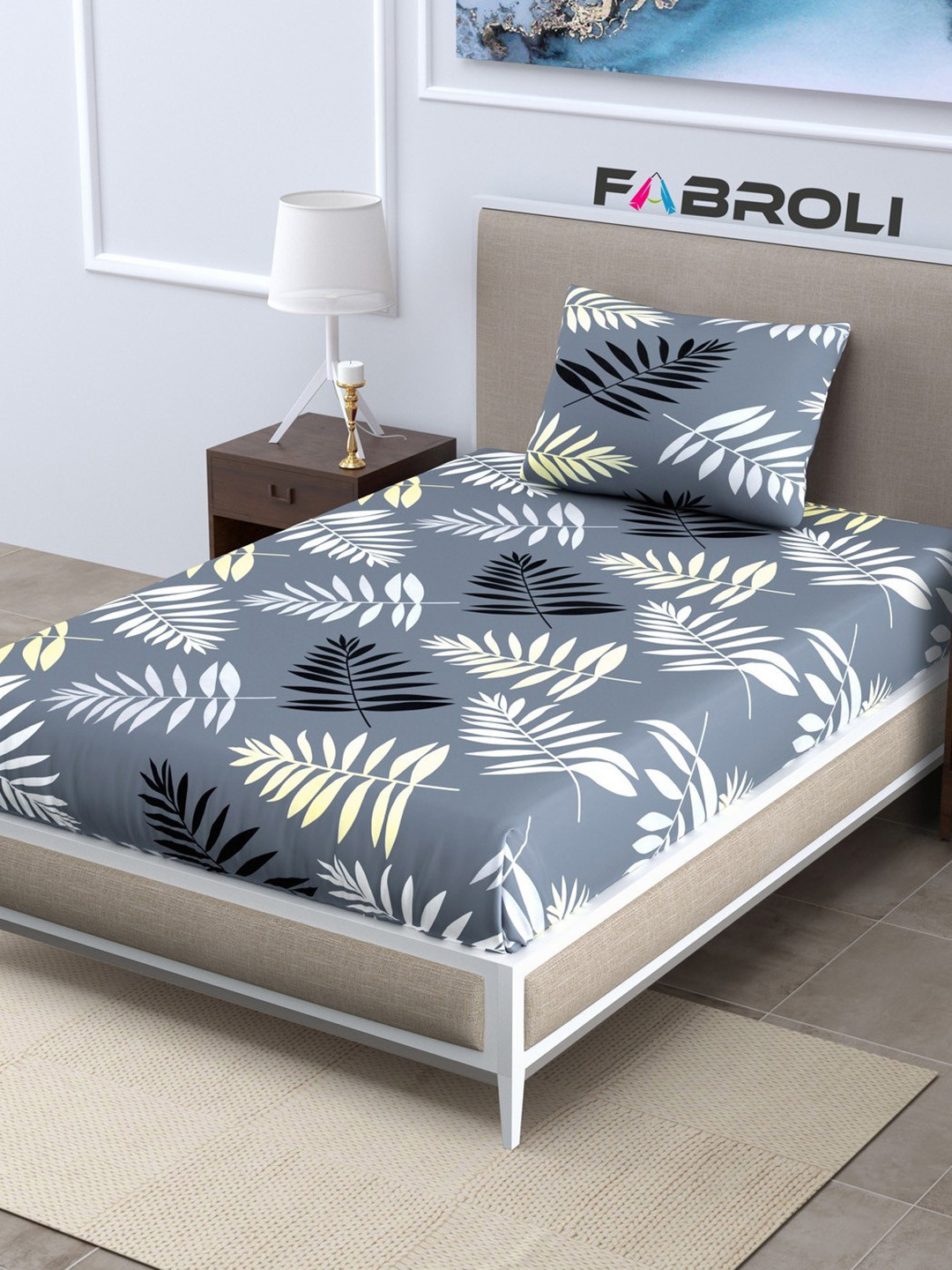 

FABROLI Floral Print 300 TC Single Bedsheet with 1 Pillow Cover, Grey