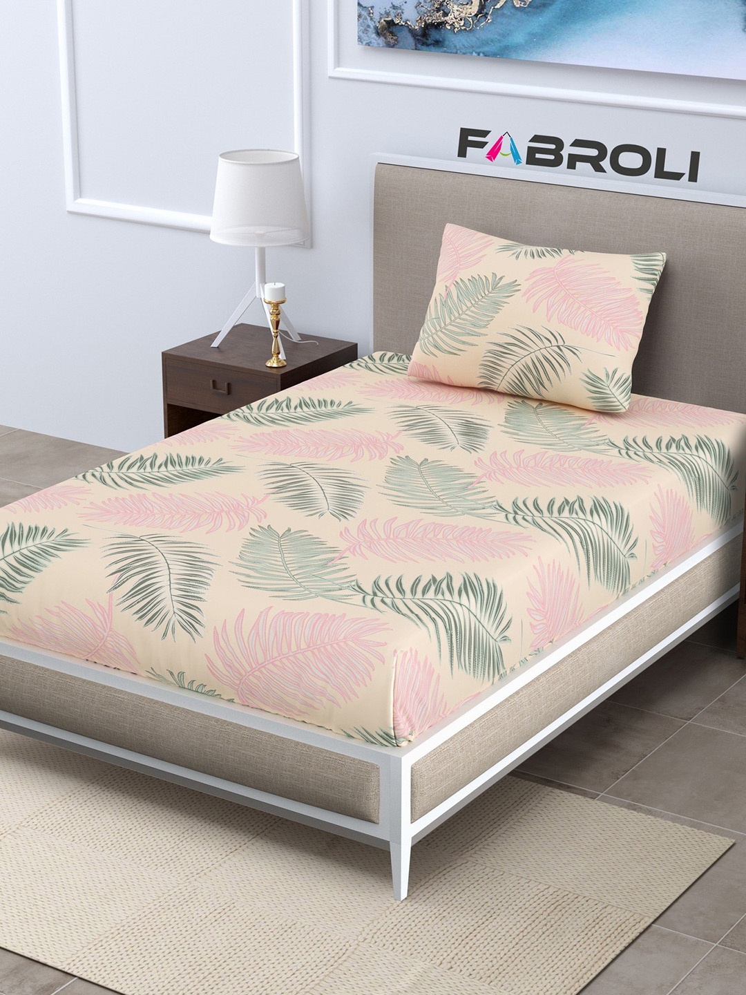 

FABROLI Floral Print 300 TC Single Bedsheet with 1 Pillow Covers, Beige