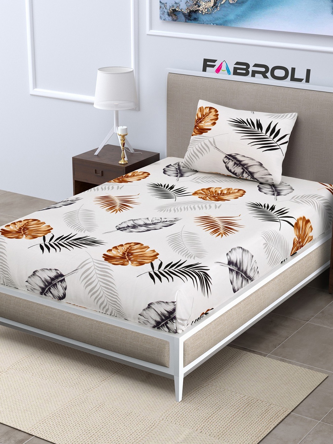 

FABROLI White Brown Floral 300 TC Single Cotton Bedsheet With 1 Pillow Cover