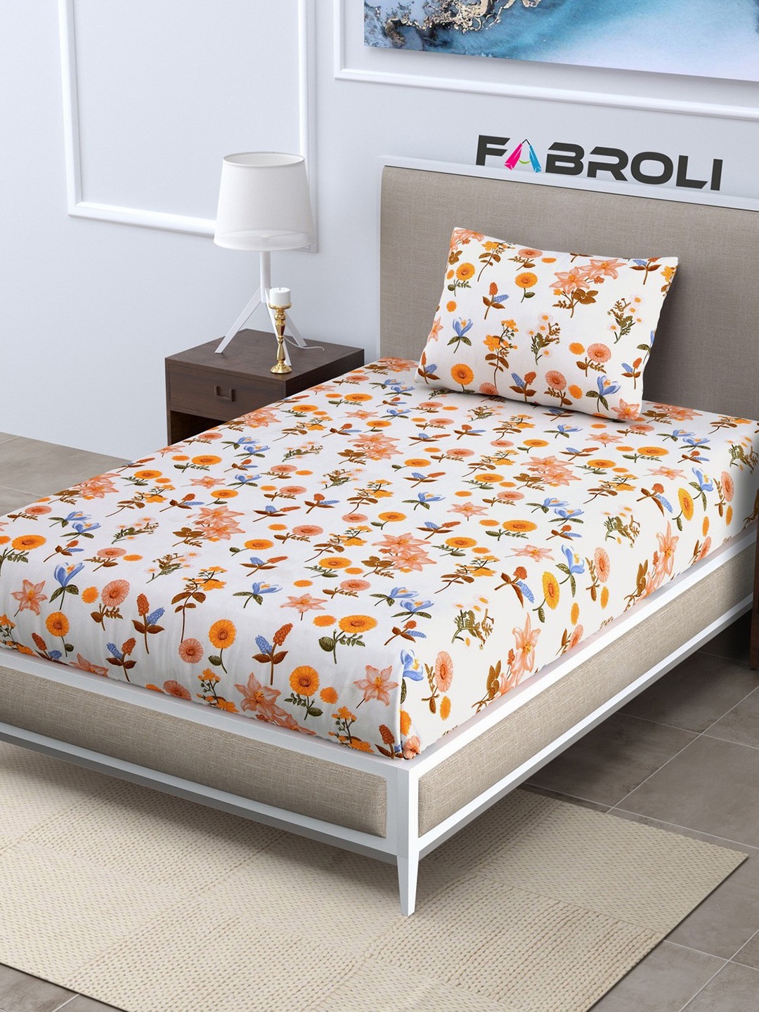 

FABROLI Floral Print 300 TC Single Bedsheet with 1 Pillow Cover, White
