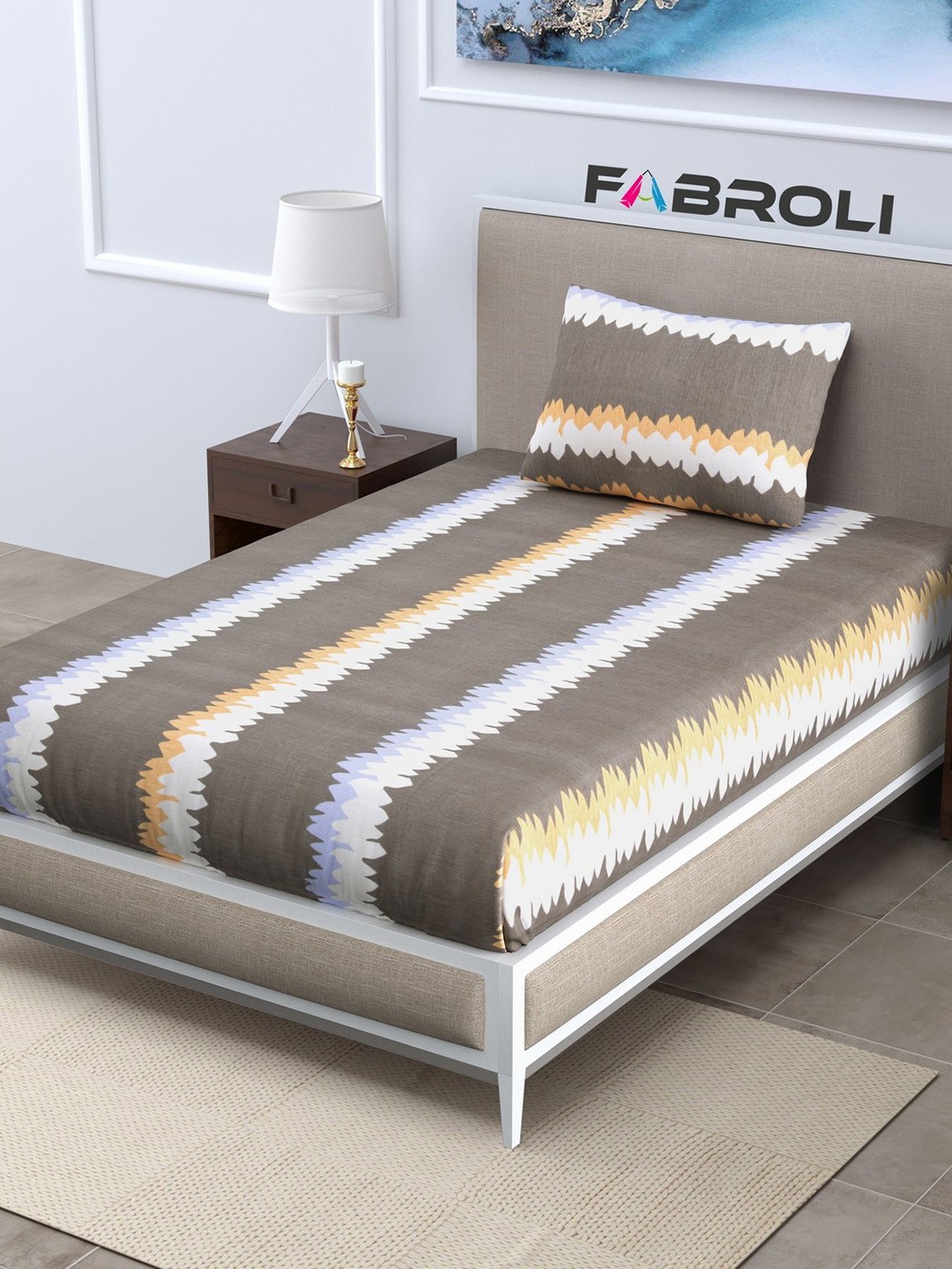 

FABROLI Grey White Abstrac 300 TC Single Bedsheet With 1 Pillow Cover
