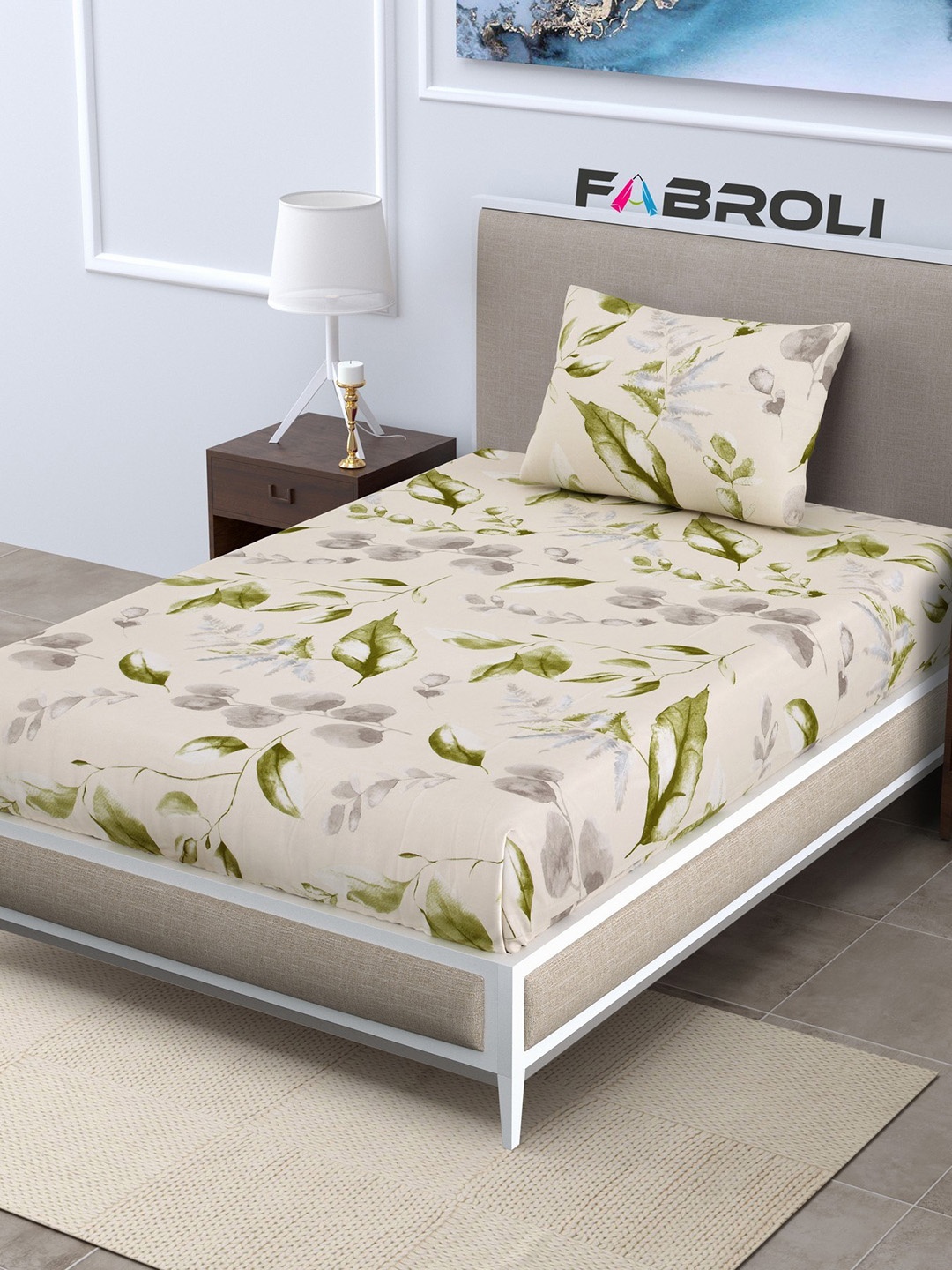 

FABROLI Floral Print 300 TC Single Bedsheet with 1 Pillow Cover, Green