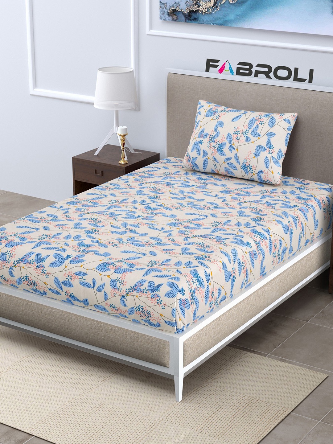 

FABROLI Blue Cream Floral 300 TC Single Bedsheet With 1 Pillow Cover