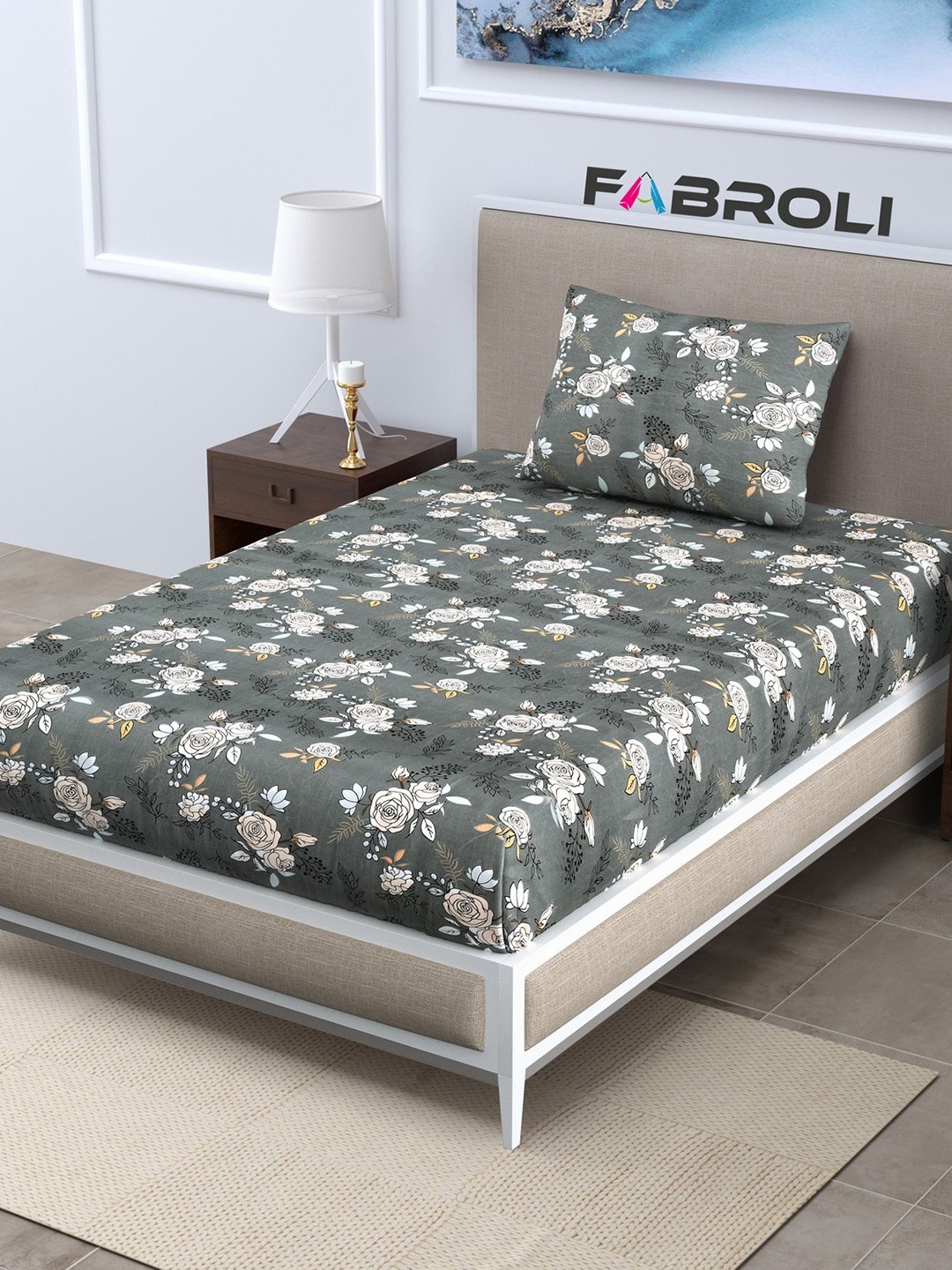 

FABROLI Grey Floral 300 TC Single Cotton Bedsheet with 1 Pillow Cover
