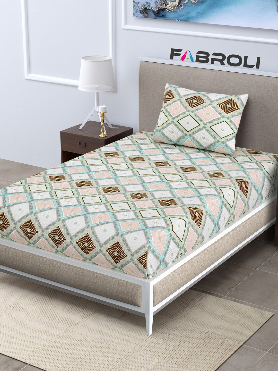 

FABROLI Green Ethnic Motifs 300 TC Single Bedsheet with 1 Pillow Cover