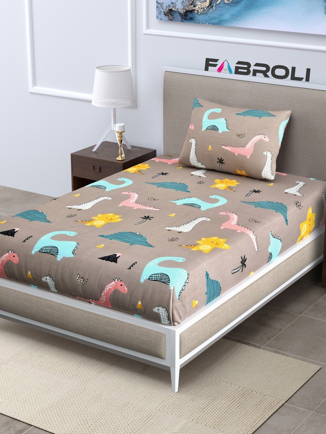 

FABROLI Brown Cartoon Characters 300 TC Single Bedsheet with 1 Pillow Cover