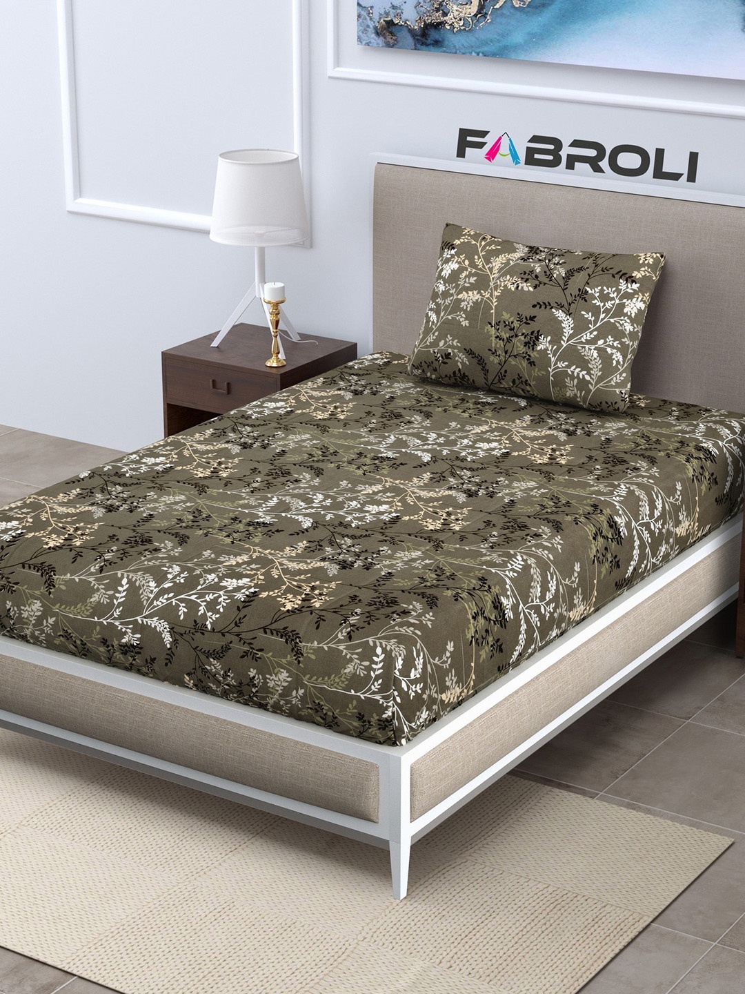 

FABROLI Brown White Floral 300 TC Single Bedsheet With 1 Pillow Cover