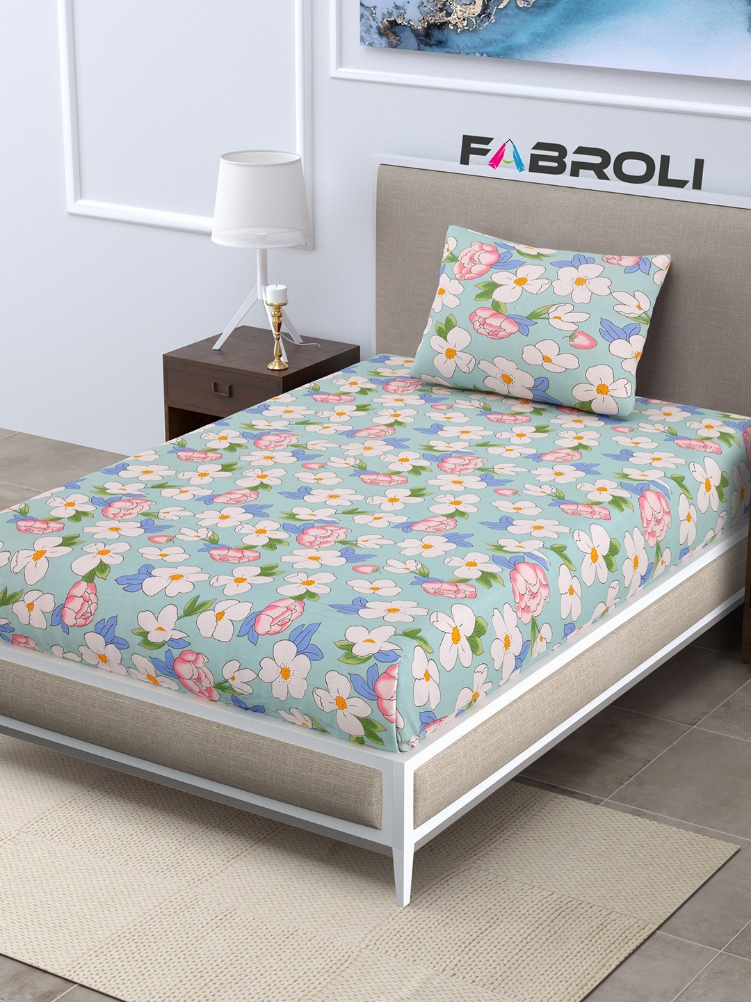 

FABROLI Blue Floral 300 TC Single Bedsheet with 1 Pillow Cover