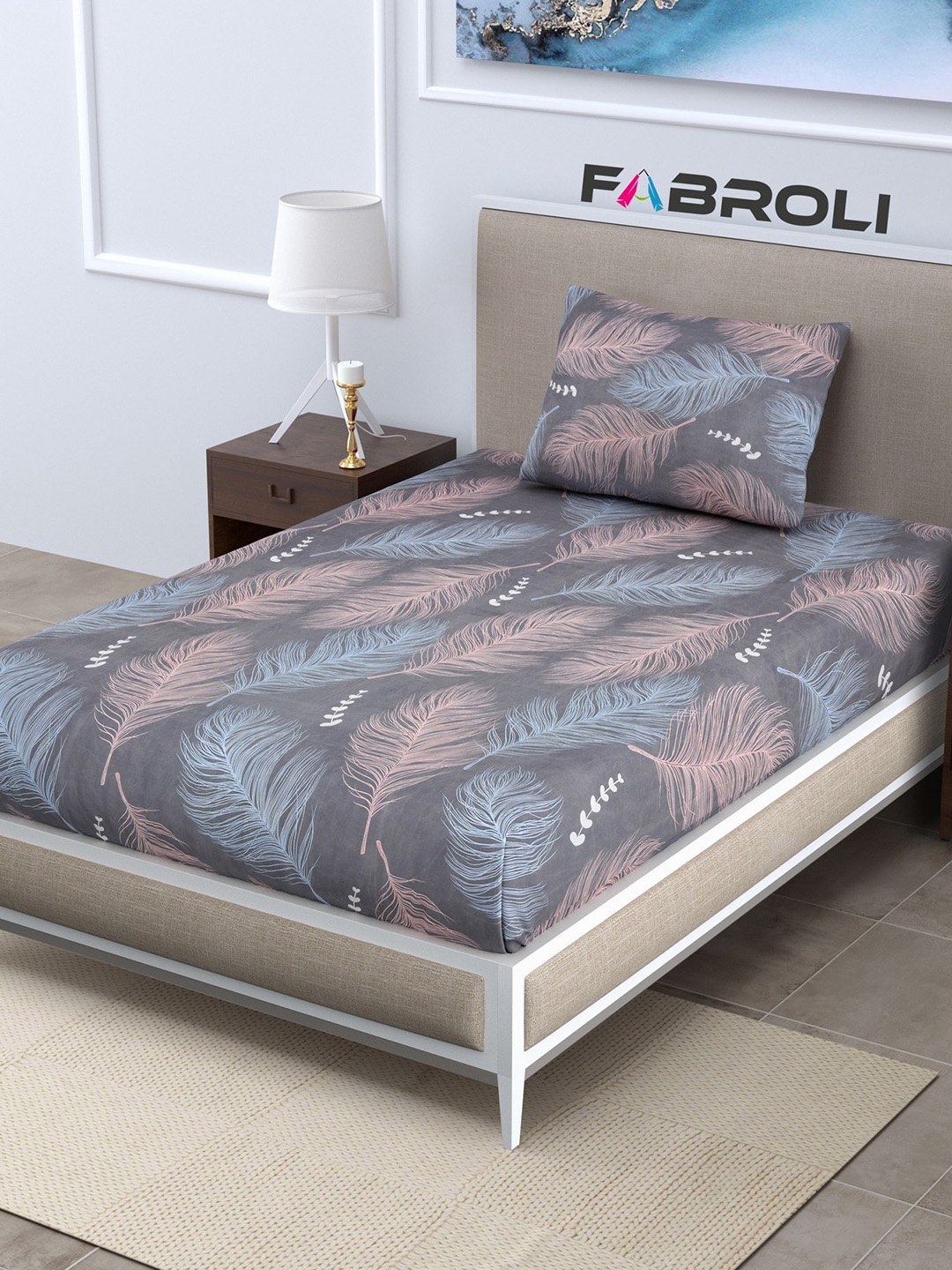 

FABROLI Grey Blue Floral 300 TC Single Bedsheet With 1 Pillow Cover