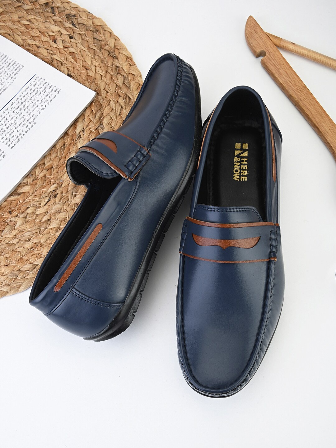 

HERE&NOW Men Navy Blue & Brown Nubuck Penny Loafers