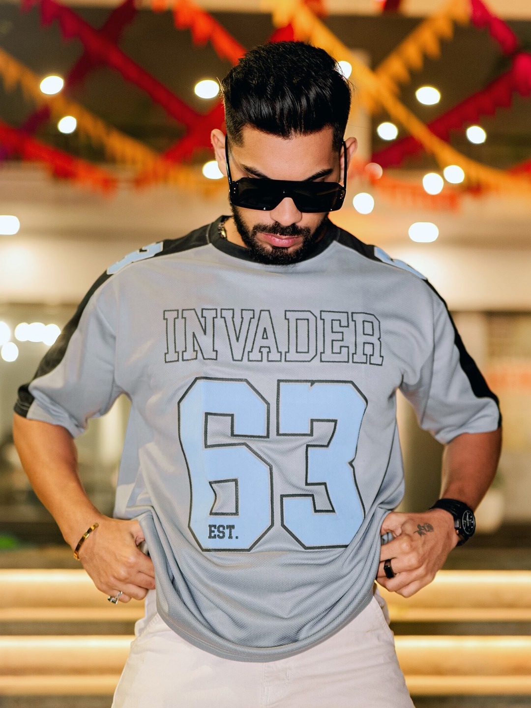 Maniac Varsity Printed Oversized T-shirt, Grey