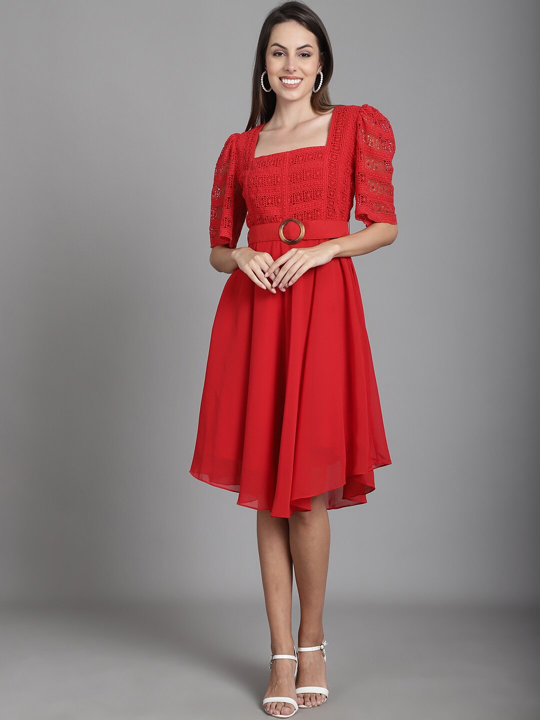 

MARC LOUIS Self Designed Georgette Fit & Flare Dress, Red